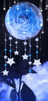 Blue celestial moon and stars art with clouds.