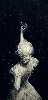 Artistic wallpaper of a figure reaching towards the starry night sky on a dark background.