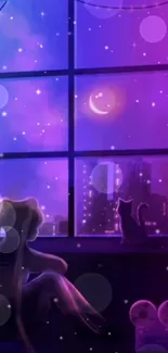 Anime girl and cat overlooking a dreamy, violet-lit city night.