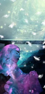 Dreamy digital artwork of a cosmic night sky with feathers and surreal elements.