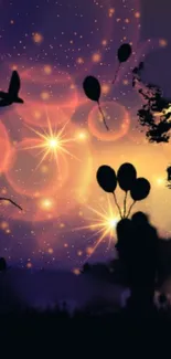 Mobile wallpaper of dreamy night sky with stars, silhouettes, and balloons.