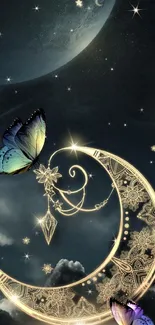 Dreamy night sky with golden moon and butterflies.