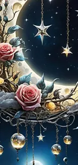 Dreamy night sky with roses and stars.