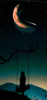 Silhouette on a swing under a crescent moon and starry night sky.