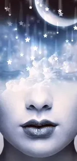 Surreal night sky art with a face, clouds, and stars.