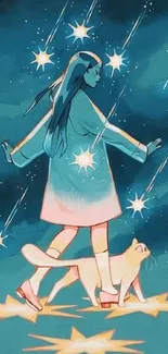 Illustrated wallpaper of a girl and cat walking under a starry night sky.