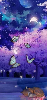 Dreamy night sky with butterflies and a sleeping fox. Purple hues dominate.