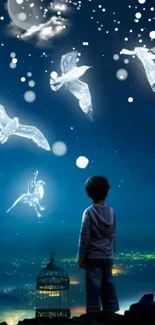 Child stargazing at magical birds in a fantasy night sky.