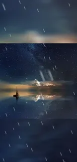 A serene boat under a starry night sky reflected on calm waters.