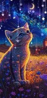 A cute kitten under a starry night sky with vibrant colors and houses in the background.