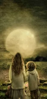 Two children under a glowing moonlit sky, surrounded by nature.