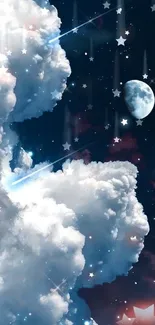 Dreamy clouds in a starry night sky with moon.