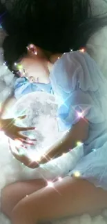 Woman embracing glowing moon in fluffy clouds.