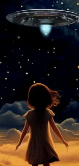 Child gazing at a UFO in a starry night sky.