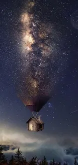 Dreamy fantasy night sky with floating house.