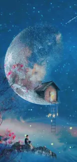 Dreamy night sky with moon and cabin wallpaper