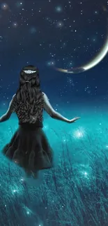 Fantasy girl under a starry night sky with a crescent moon.