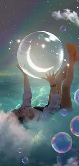 Fantasy art of girl in clouds holding crescent moon against a starry sky.