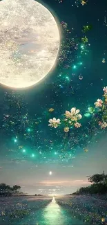 Dreamy night sky with moon and flowers.