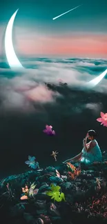 Fantasy night sky wallpaper with fairies, crescent moon, and a seated figure.