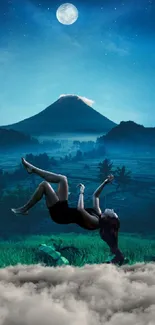 Surreal night landscape with mountain and floating figure under moonlit sky.