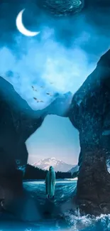 Mystical blue night scene with crescent moon and mountains.