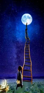 Surreal ladder reaching a bright full moon in a starry indigo sky.