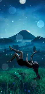 A mystical landscape with floating figure under a starry night sky.