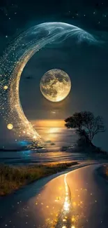 Mystical night landscape with moon and stars reflecting on a glowing path.