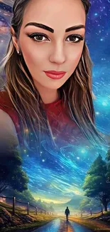 Fantasy-themed night sky portrait wallpaper with cosmic elements.