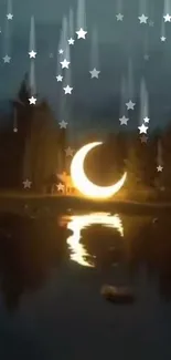 Serene forest lake with crescent moon and stars at night.