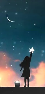 Silhouette on rooftop reaching for stars against a dreamy night sky.