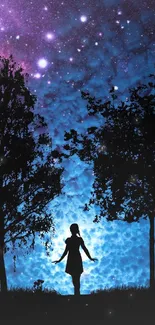 Silhouette of a girl under a starry night sky with trees on either side.