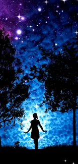 Silhouette of girl under vibrant, starry night sky wallpaper with cosmic colors.