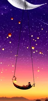 Dreamy night sky with crescent moon and lanterns.