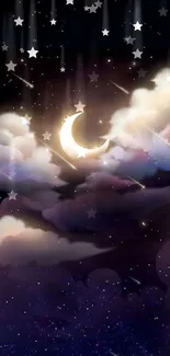 Crescent moon with clouds and stars in a dreamy night sky wallpaper.