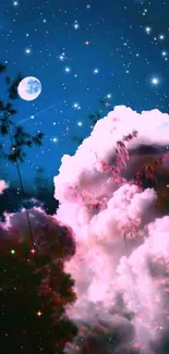 Dreamy night sky with pink clouds and stars.