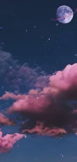 Dreamy night sky with pink clouds and a glowing moon.