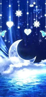 Dreamy night sky wallpaper with moon, butterflies, and blue tones.