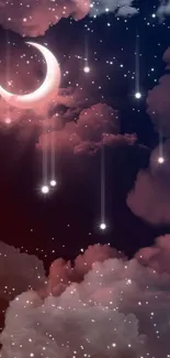 Night sky with crescent moon and stars over pink clouds.