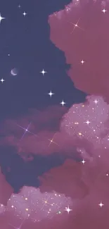 Dreamy mobile wallpaper with pink clouds and a crescent moon in a night sky.