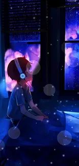 Cartoon boy stargazing through window at night.