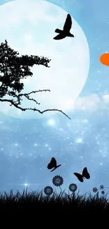 Enchanting sky with moon, silhouettes, and an orange heart.