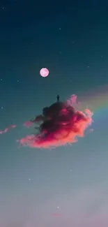 Dreamy night sky with pink cloud and rainbow.