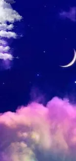 Dreamy night sky with crescent moon and vibrant clouds.