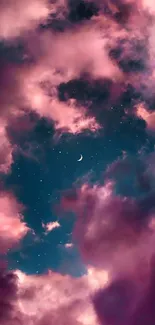 Dreamy night sky with pink clouds and stars.