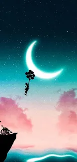 Dreamy sky with crescent moon and balloons.