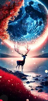 Majestic deer under glowing moon in a surreal night landscape.