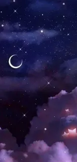 Dreamy crescent moon and starry sky wallpaper with fluffy clouds.