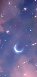 Dreamy night sky wallpaper with crescent moon and stars.